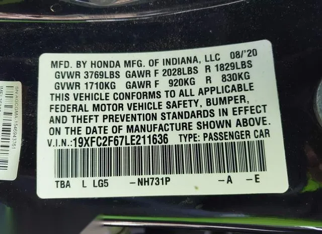 19XFC2F67LE211636 2020 2020 Honda Civic- LX 9