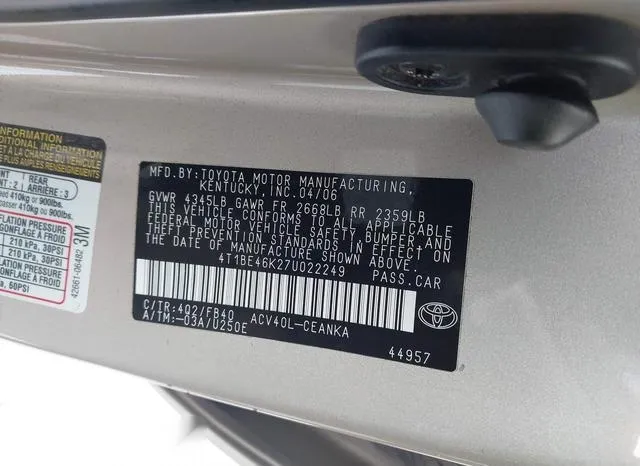 4T1BE46K27U022249 2007 2007 Toyota Camry- LE 9