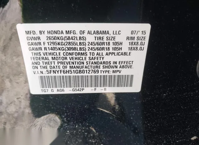 5FNYF6H51GB012769 2016 2016 Honda Pilot- Ex-L 9