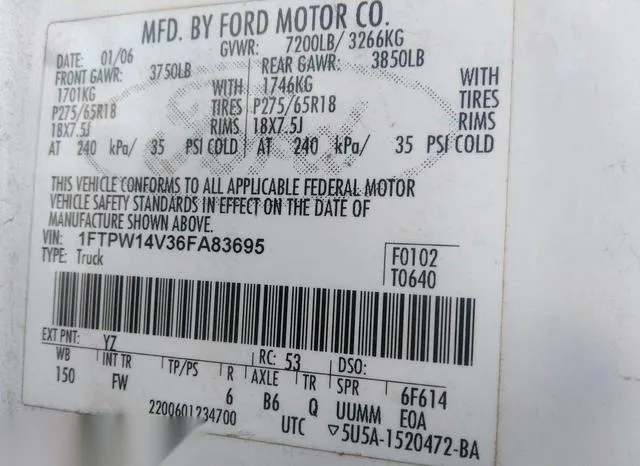 1FTPW14V36FA83695 2006 2006 Ford F-150- Fx4/Lariat/Xlt 9