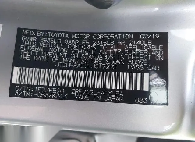 JTDHPRAE7LJ017292 2020 2020 Toyota Corolla- LE 9