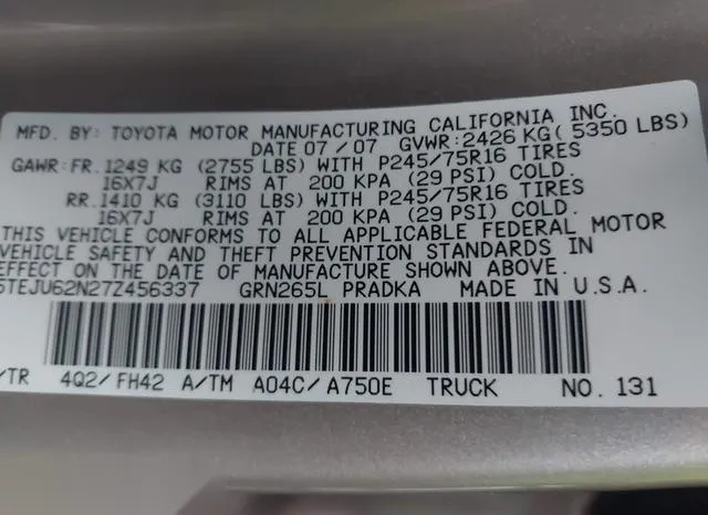 5TEJU62N27Z456337 2007 2007 Toyota Tacoma- Prerunner V6 9