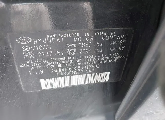 KMHDU46D08U317882 2008 2008 Hyundai Elantra- Gls/Se 9