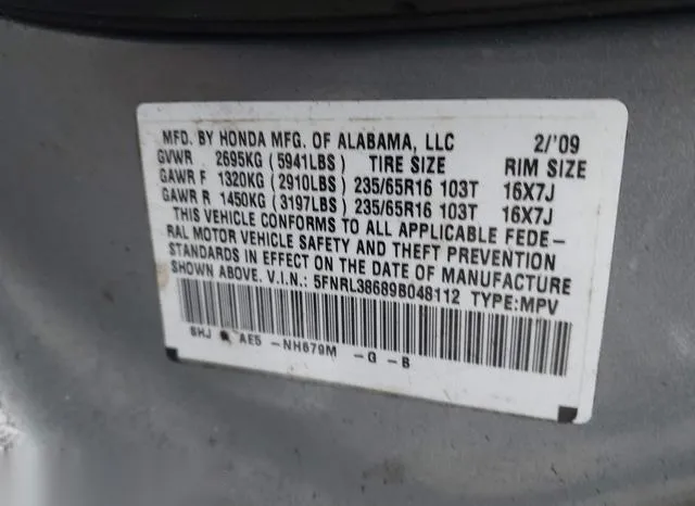 5FNRL38689B048112 2009 2009 Honda Odyssey- Ex-L 9