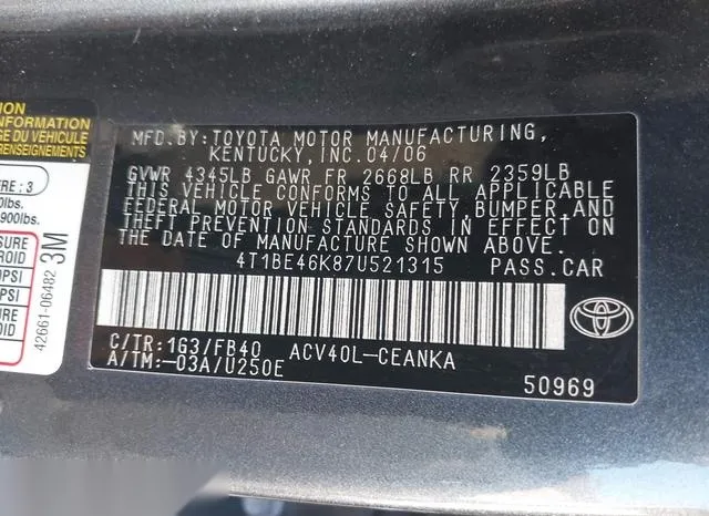 4T1BE46K87U521315 2007 2007 Toyota Camry- LE 9