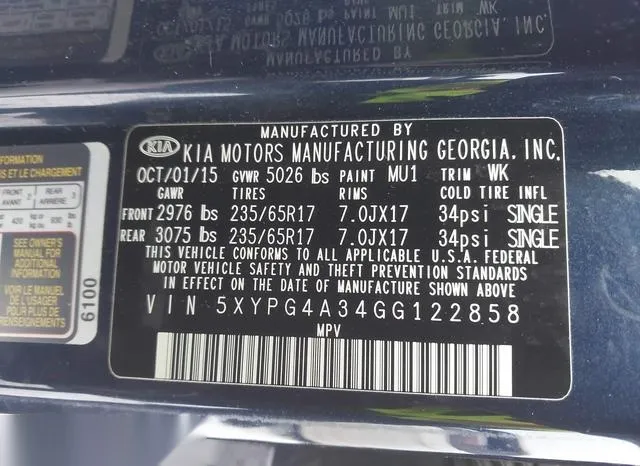 5XYPG4A34GG122858 2016 2016 KIA Sorento- 2-4L Lx 9