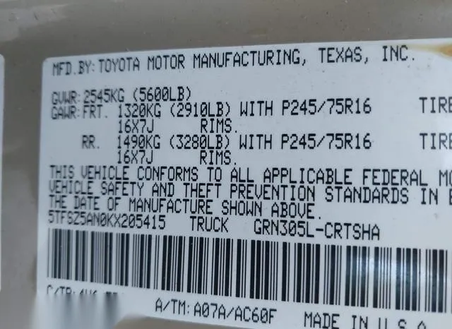 5TFSZ5AN0KX205415 2019 2019 Toyota Tacoma- Sr V6 9