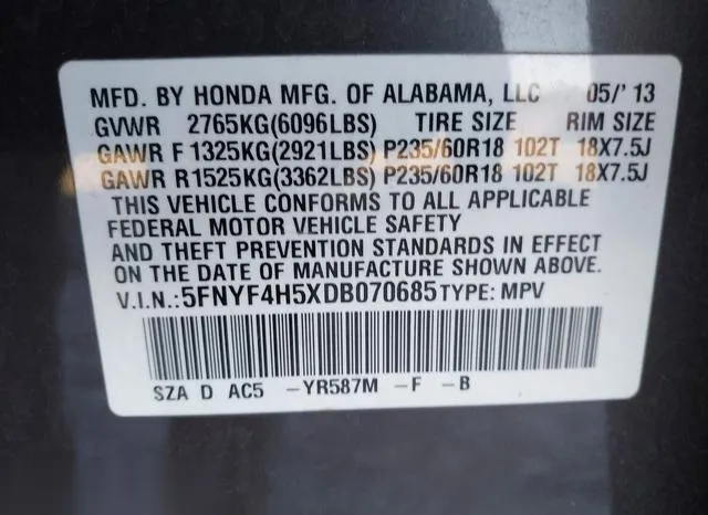 5FNYF4H5XDB070685 2013 2013 Honda Pilot- Ex-L 9