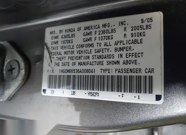 1HGCM66536A008041 2006 2006 Honda Accord- 3-0 EX 9