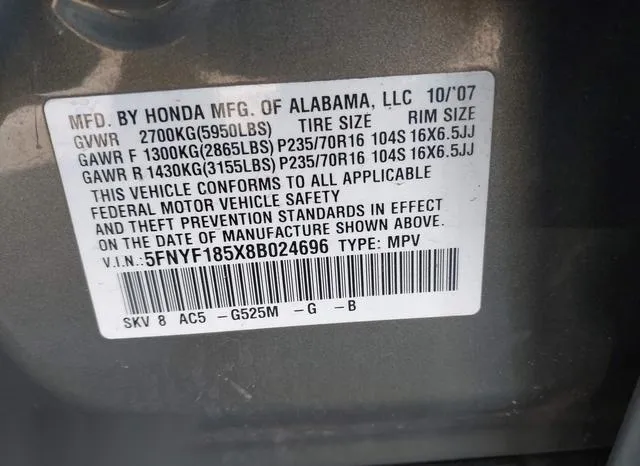 5FNYF185X8B024696 2008 2008 Honda Pilot- Ex-L 9