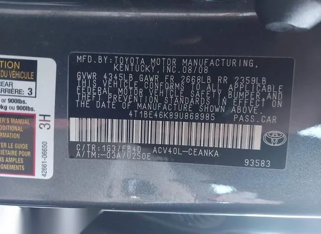 4T1BE46K89U868985 2009 2009 Toyota Camry- LE 9