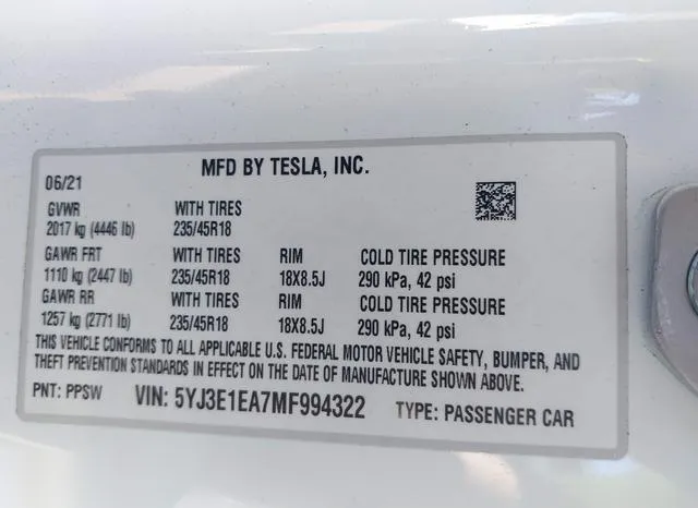 5YJ3E1EA7MF994322 2021 2021 Tesla Model 3- Standard Range P 9