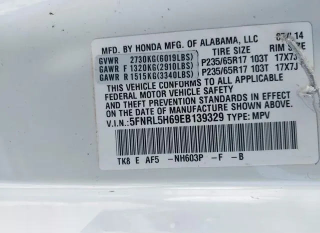 5FNRL5H69EB139329 2014 2014 Honda Odyssey- Ex-L 9