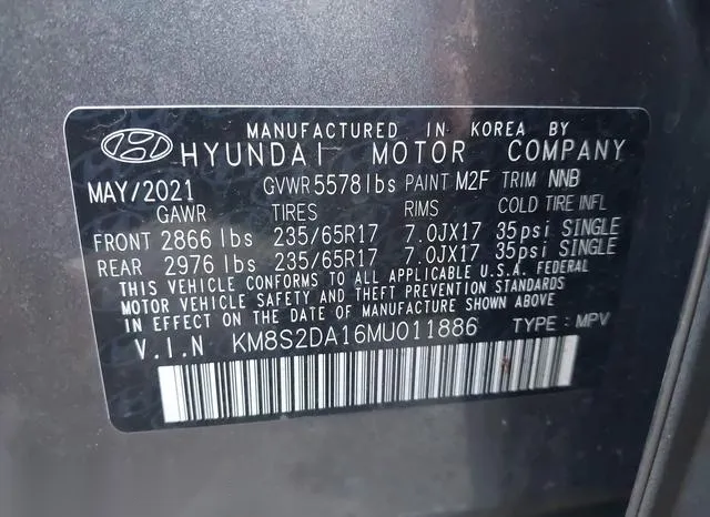 KM8S2DA16MU011886 2021 2021 Hyundai Santa Fe- Hybrid Blue 9