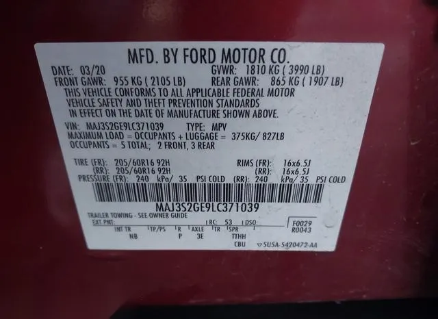 MAJ3S2GE9LC371039 2020 2020 Ford Ecosport- SE 9