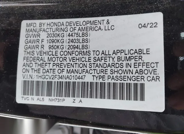 1HGCV2F34NA010447 2022 2022 Honda Accord- Sport 2-0T 9