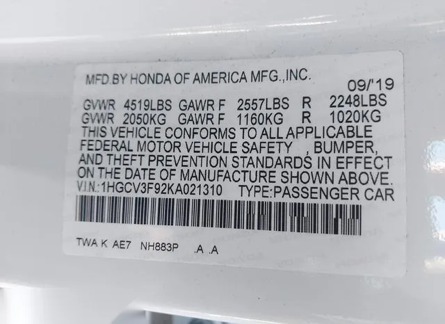 1HGCV3F92KA021310 2019 2019 Honda Accord- Hybrid Touring 9