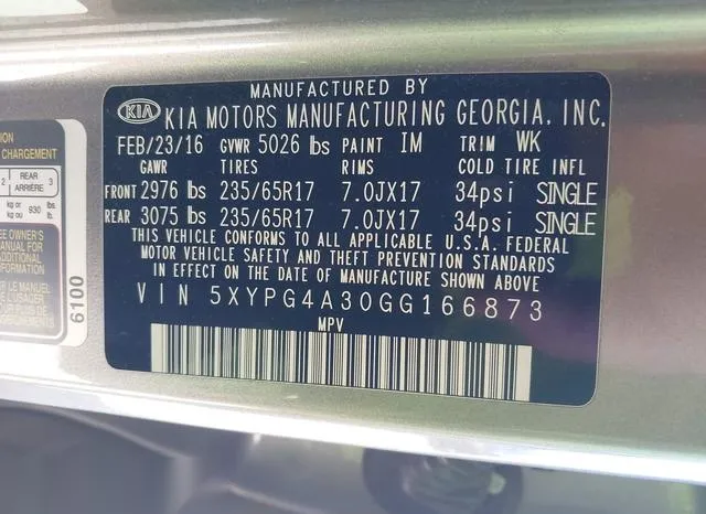 5XYPG4A30GG166873 2016 2016 KIA Sorento- 2-4L L 9