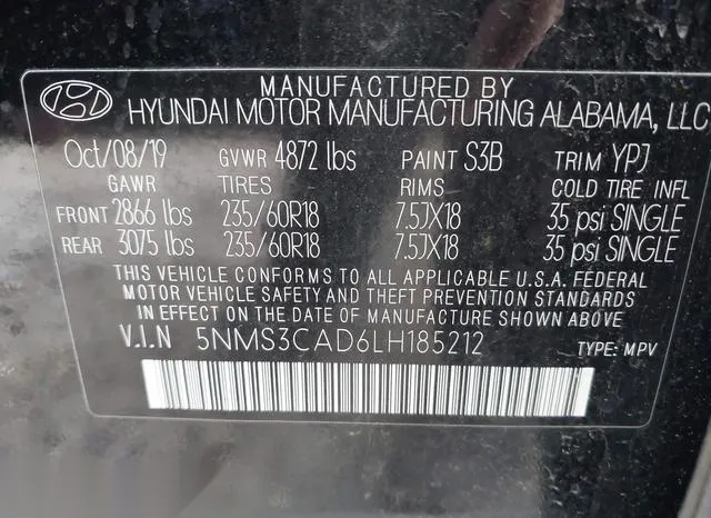 5NMS3CAD6LH185212 2020 2020 Hyundai Santa Fe- Sel 9