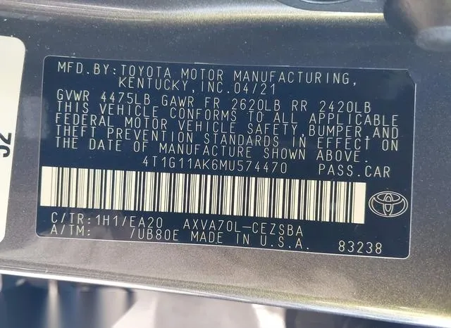 4T1G11AK6MU574470 2021 2021 Toyota Camry- SE 9