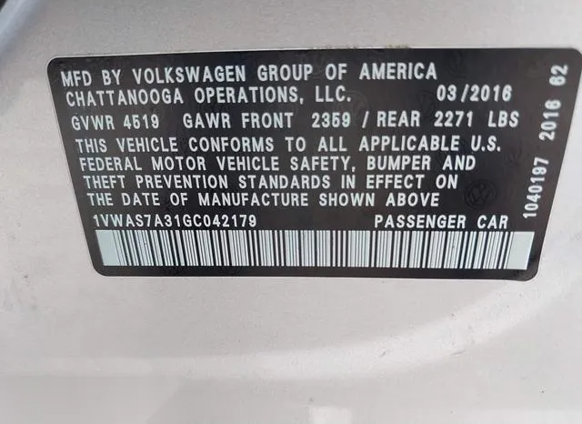 1VWAS7A31GC042179 2016 2016 Volkswagen Passat- 1-8T S 9