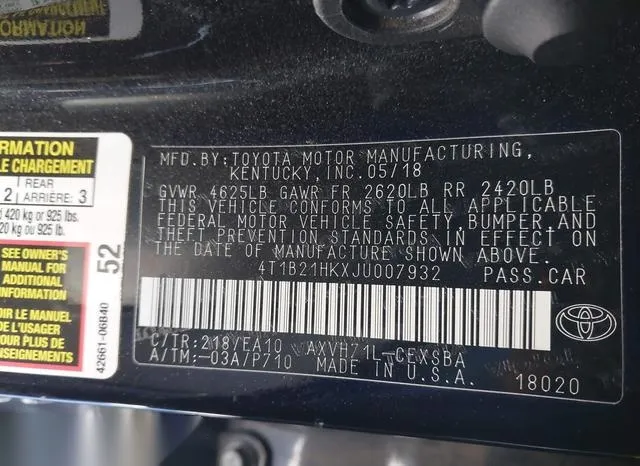 4T1B21HKXJU007932 2018 2018 Toyota Camry- Hybrid SE 9