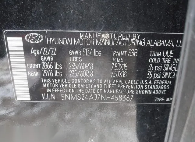 5NMS24AJ7NH458367 2022 2022 Hyundai Santa Fe- Sel 9