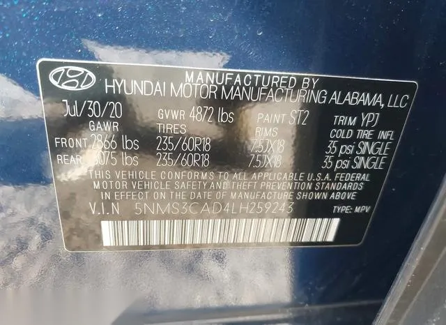 5NMS3CAD4LH259243 2020 2020 Hyundai Santa Fe- Sel 9