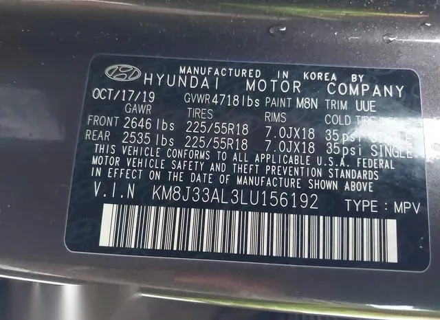 KM8J33AL3LU156192 2020 2020 Hyundai Tucson- Sel 9