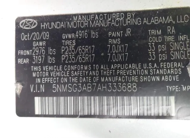 5NMSG3AB7AH333688 2010 2010 Hyundai Santa Fe- Gls 9