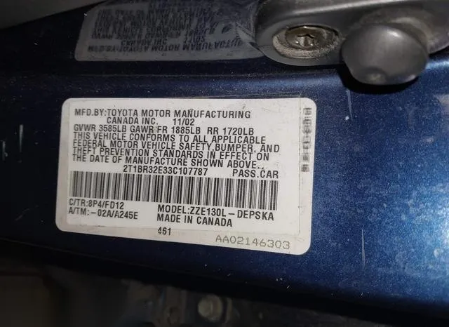 2T1BR32E33C107787 2003 2003 Toyota Corolla- S 9