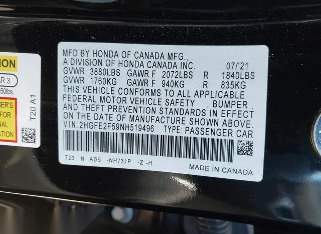 2HGFE2F59NH519496 2022 2022 Honda Civic- Sport 9