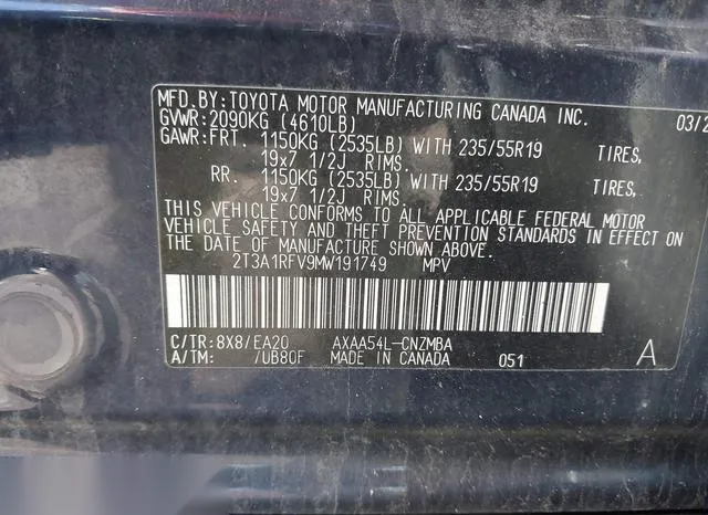 2T3A1RFV9MW191749 2021 2021 Toyota RAV4- Xle Premium 9