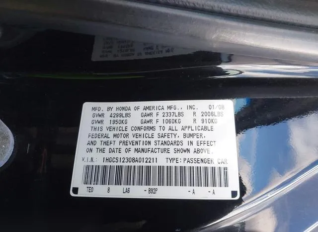 1HGCS12308A012211 2008 2008 Honda Accord- 2-4 Lx-S 9