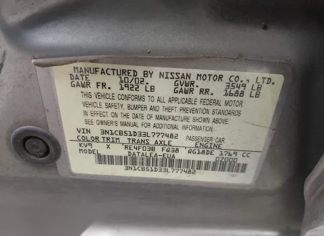 3N1CB51D33L777482 2003 2003 Nissan Sentra- Gxe 9