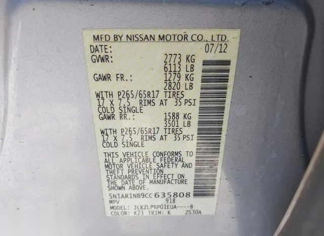 5N1AR1NB9CC635808 2012 2012 Nissan Pathfinder- Silver 9