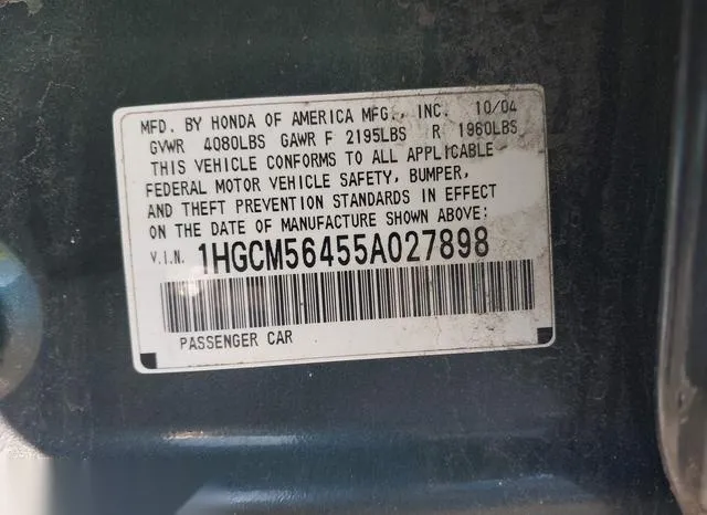 1HGCM56455A027898 2005 2005 Honda Accord- 2-4 LX 9