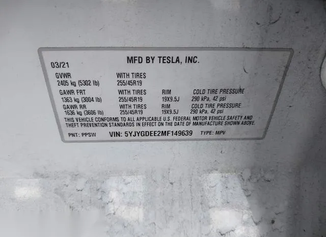 5YJYGDEE2MF149639 2021 2021 Tesla Model Y- Long Range Dual 9