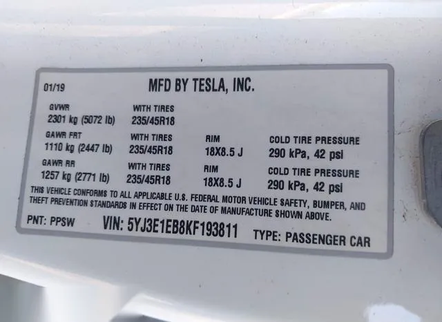 5YJ3E1EB8KF193811 2019 2019 Tesla Model 3- Long Range/Perfo 9