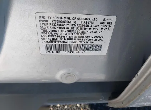 5FNYF4H57CB042079 2012 2012 Honda Pilot- Ex-L 9