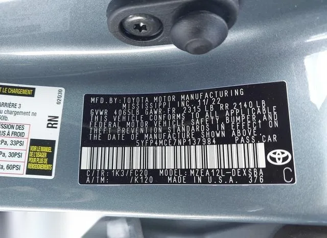 5YFP4MCE7NP137984 2022 2022 Toyota Corolla- SE 9