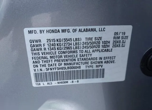 5FNYF5H65LB006048 2020 2020 Honda Pilot- 2Wd Touring 7 Pass 9