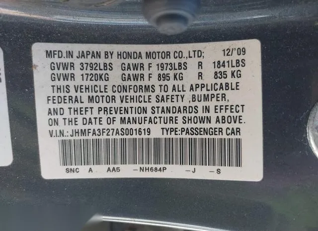 JHMFA3F27AS001619 2010 2010 Honda Civic- Hybrid Hybrid 9