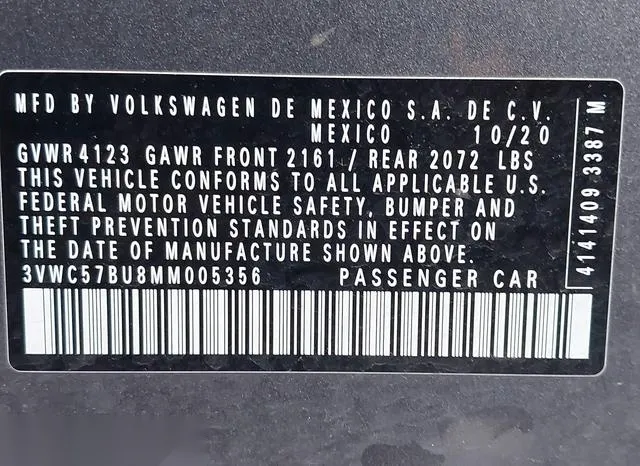 3VWC57BU8MM005356 2021 2021 Volkswagen Jetta- 1-4T R-Line/1 9