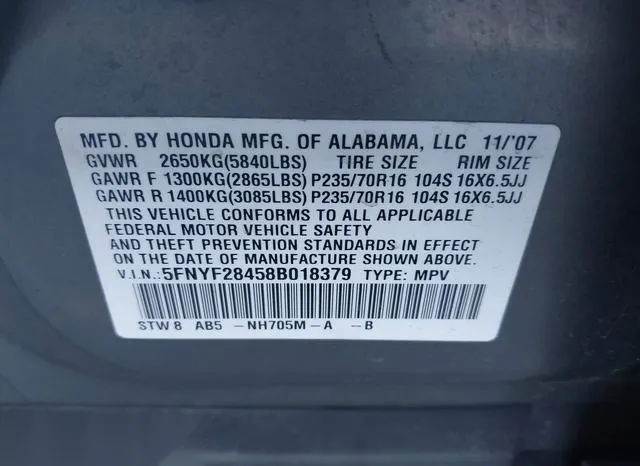 5FNYF28458B018379 2008 2008 Honda Pilot- EX 9