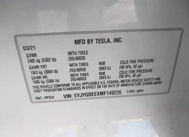 5YJYGDEEXMF149226 2021 2021 Tesla Model Y- Long Range Dual 9