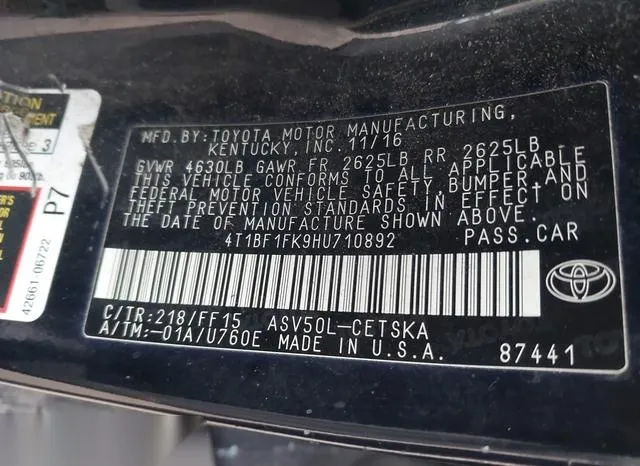 4T1BF1FK9HU710892 2017 2017 Toyota Camry- SE 9