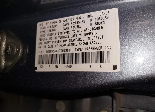 1HGCM56417A023141 2007 2007 Honda Accord- 2-4 LX 9