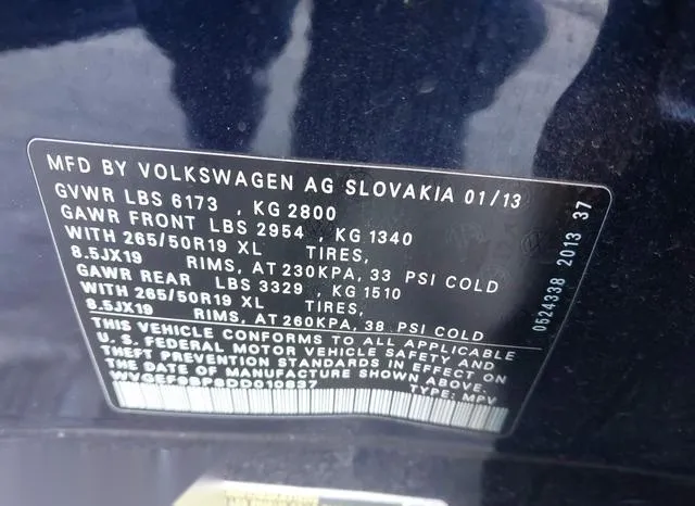 WVGEF9BP8DD010837 2013 2013 Volkswagen Touareg- Vr6 Lux 9