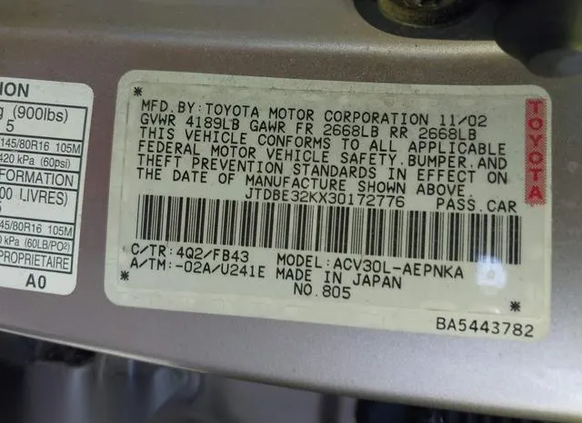 JTDBE32KX30172776 2003 2003 Toyota Camry- LE 9